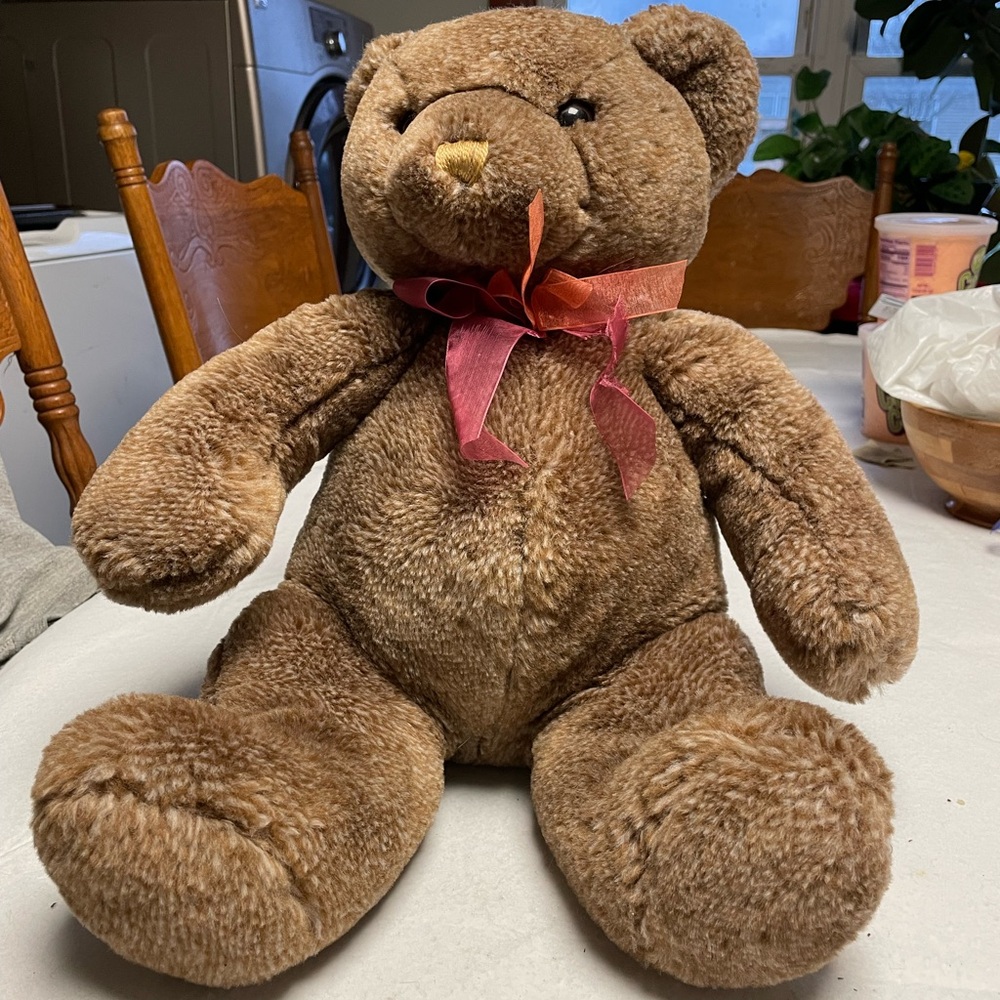 Charming Brown Plush Bear with Red Bow